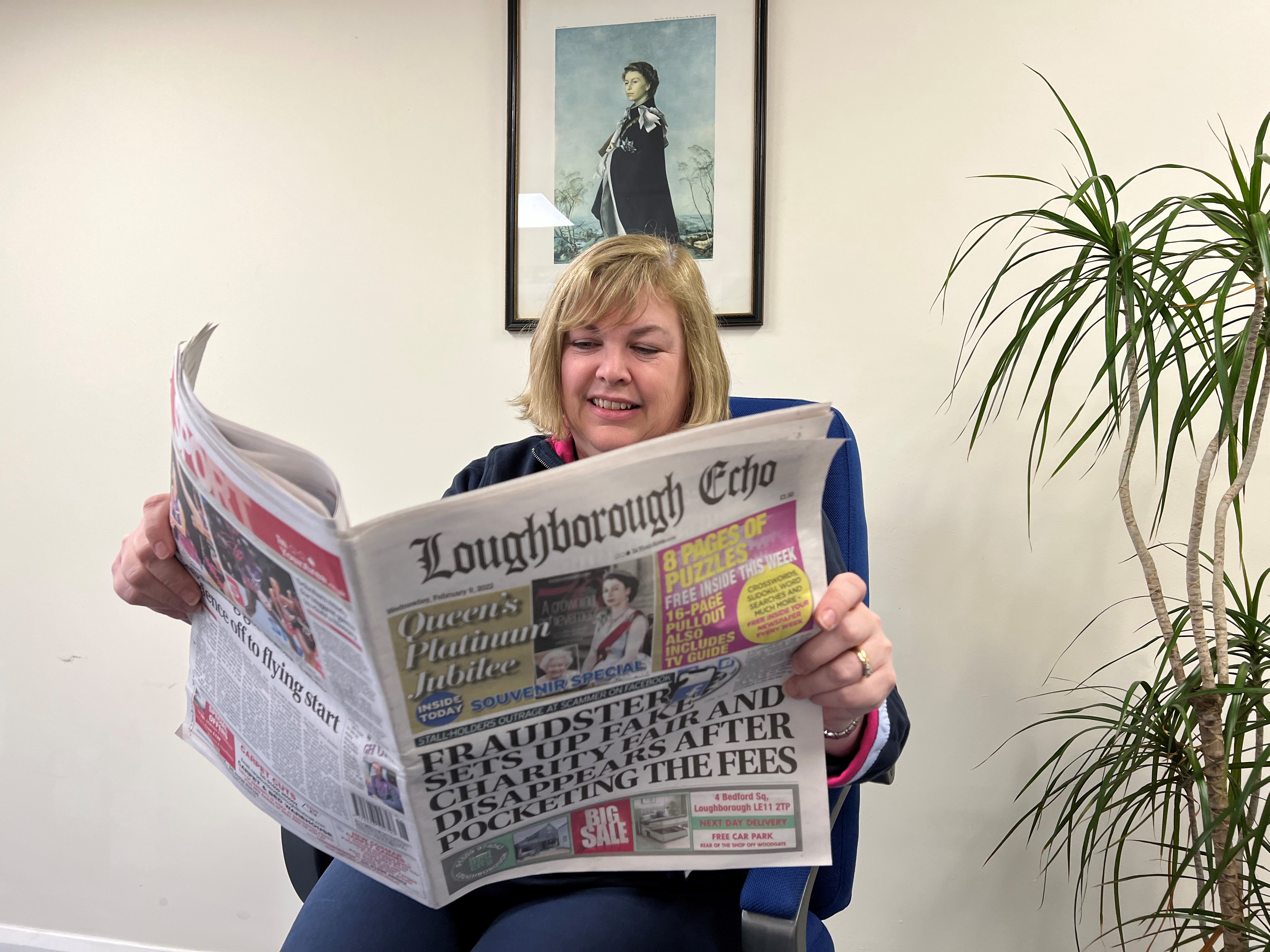 A picture of Jane reading the Loughborough Echo