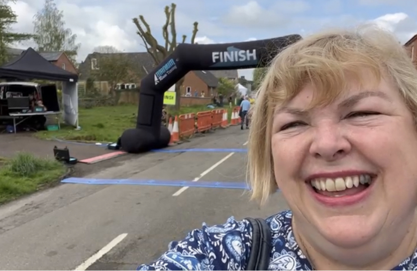 Jane at the finish line of the Wymeswold waddle